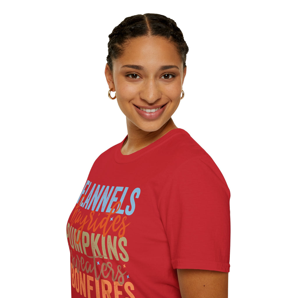 Fall Vibes T‑Shirt — “Flannels Hayrides Pumpkins” Autumn Graphic Tee
