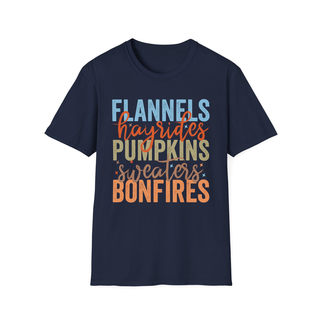 Fall Vibes T‑Shirt — “Flannels Hayrides Pumpkins” Autumn Graphic Tee