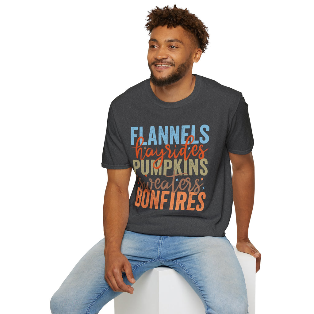 Fall Vibes T‑Shirt — “Flannels Hayrides Pumpkins” Autumn Graphic Tee