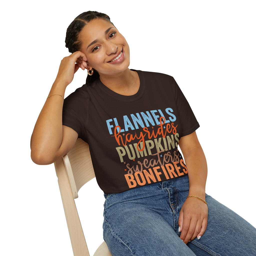 Fall Vibes T‑Shirt — “Flannels Hayrides Pumpkins” Autumn Graphic Tee