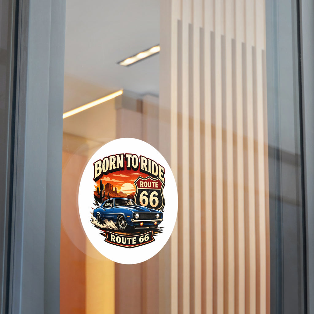 Born to Ride Route 66 Round Vinyl Sticker | Classic Muscle Car Decal