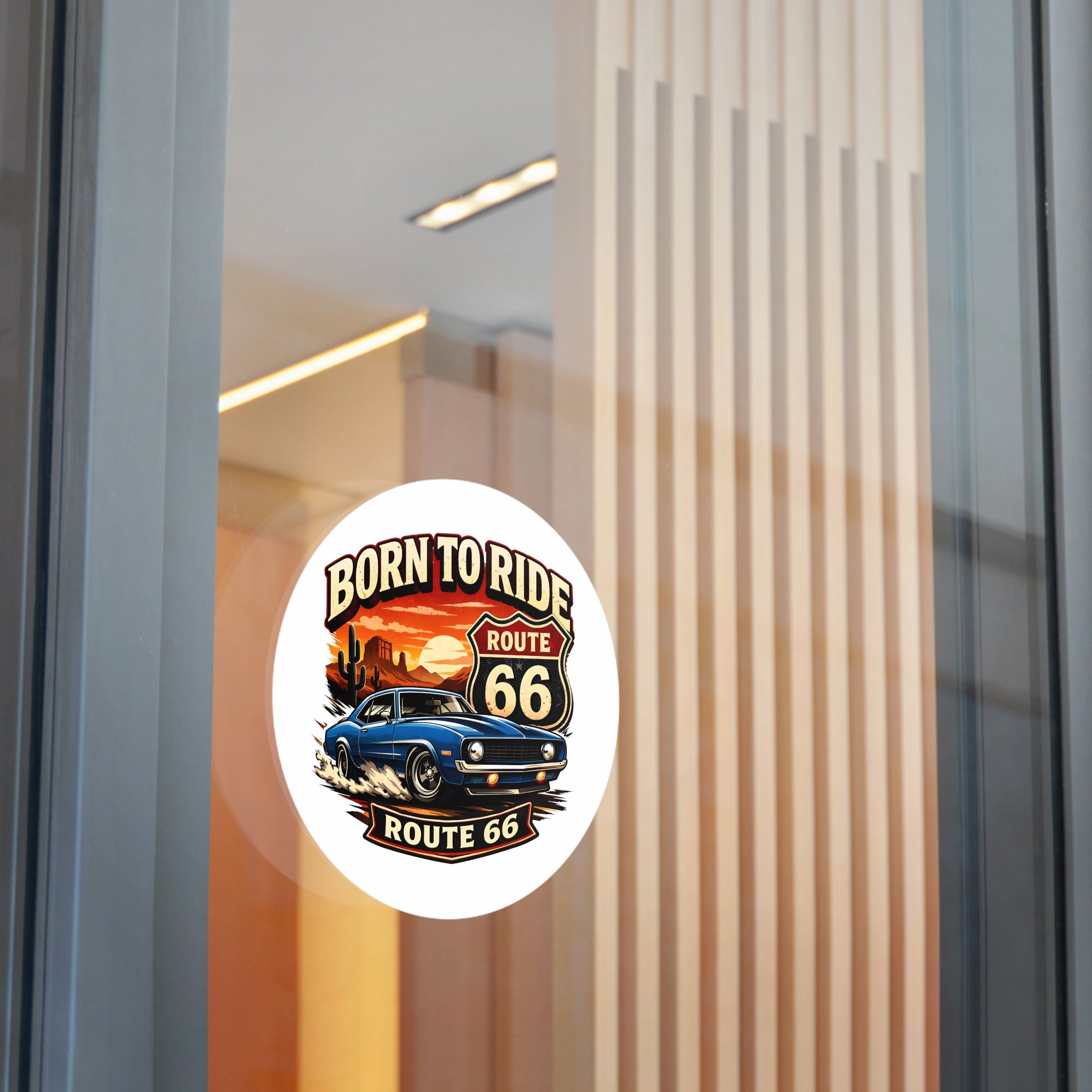 Born to Ride Route 66 Round Vinyl Sticker | Classic Muscle Car Decal