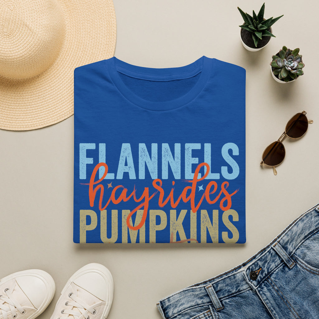 Fall Vibes T‑Shirt — “Flannels Hayrides Pumpkins” Autumn Graphic Tee