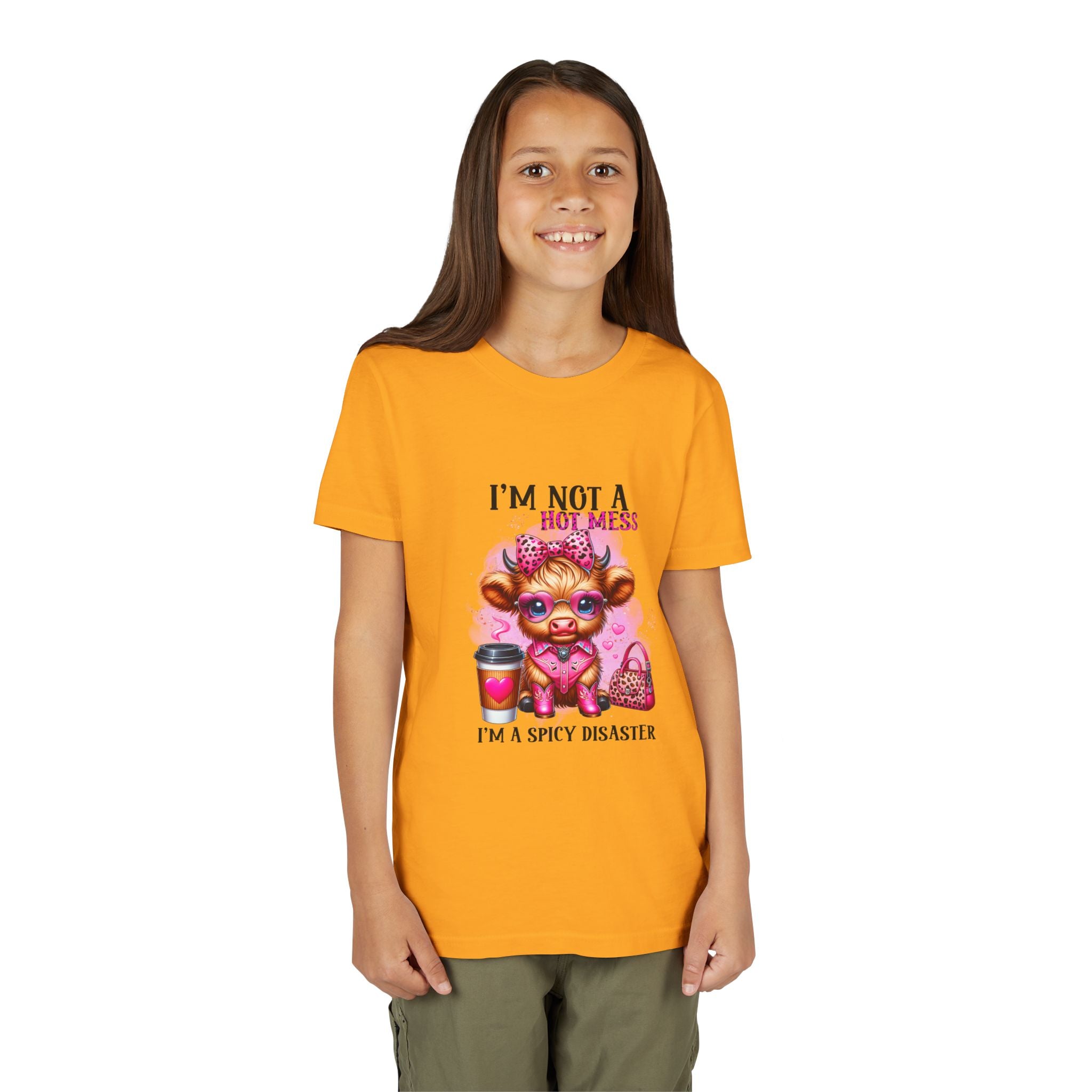Youth Tee — "I'm Not A Hot Mess I'm A Spicy Disaster" Highland Cow
