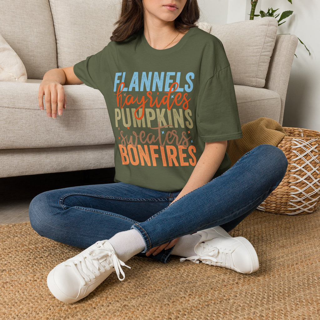 Fall Vibes T‑Shirt — “Flannels Hayrides Pumpkins” Autumn Graphic Tee