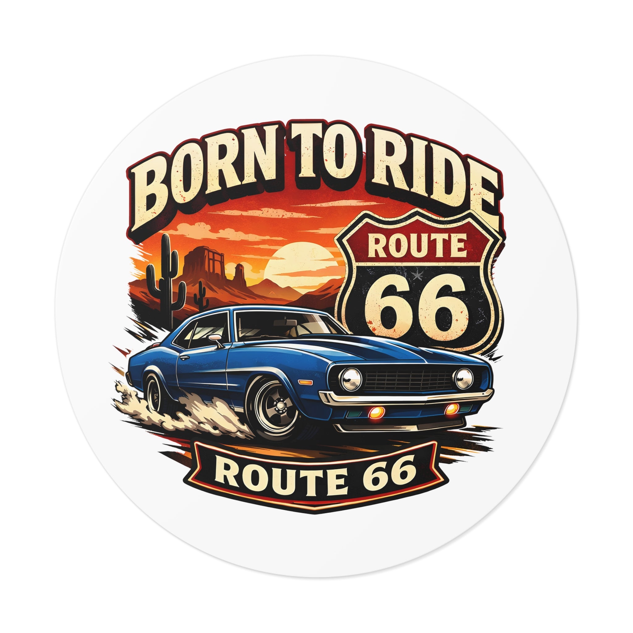 Born to Ride Route 66 Round Vinyl Sticker | Classic Muscle Car Decal