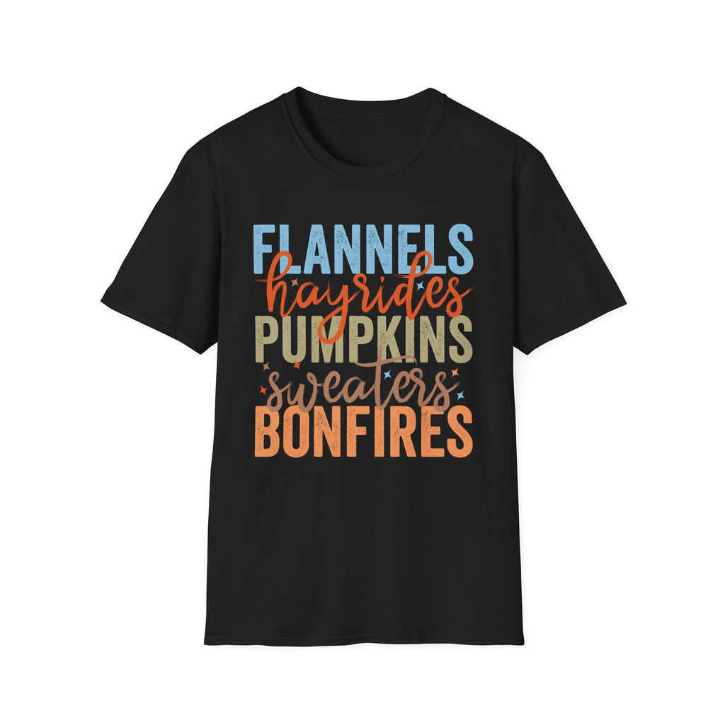 Fall Vibes T‑Shirt — “Flannels Hayrides Pumpkins” Autumn Graphic Tee