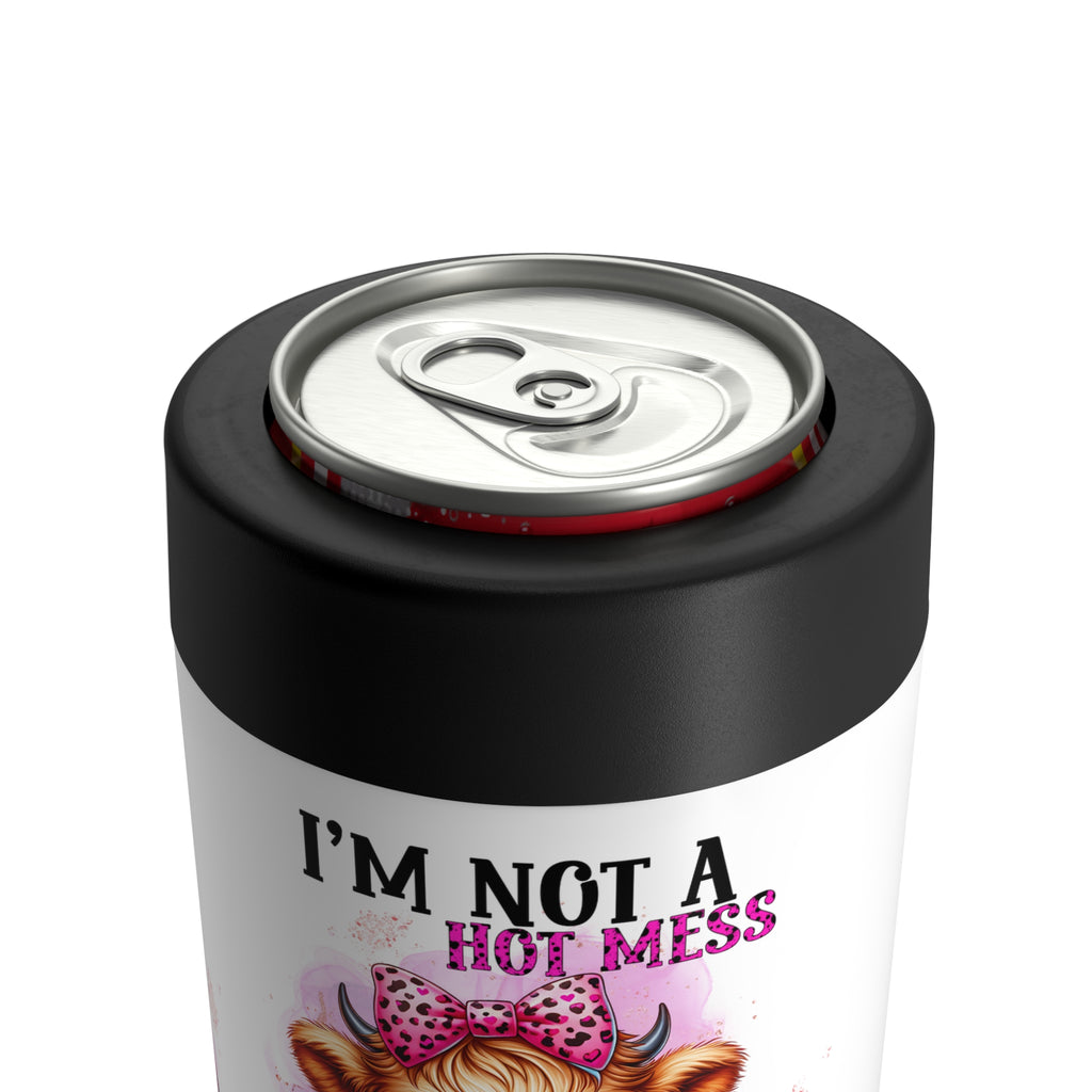 Funny 'I'm Not a Hot Mess, I'm a Spicy Disaster' Highland Cow 12oz Can Holder