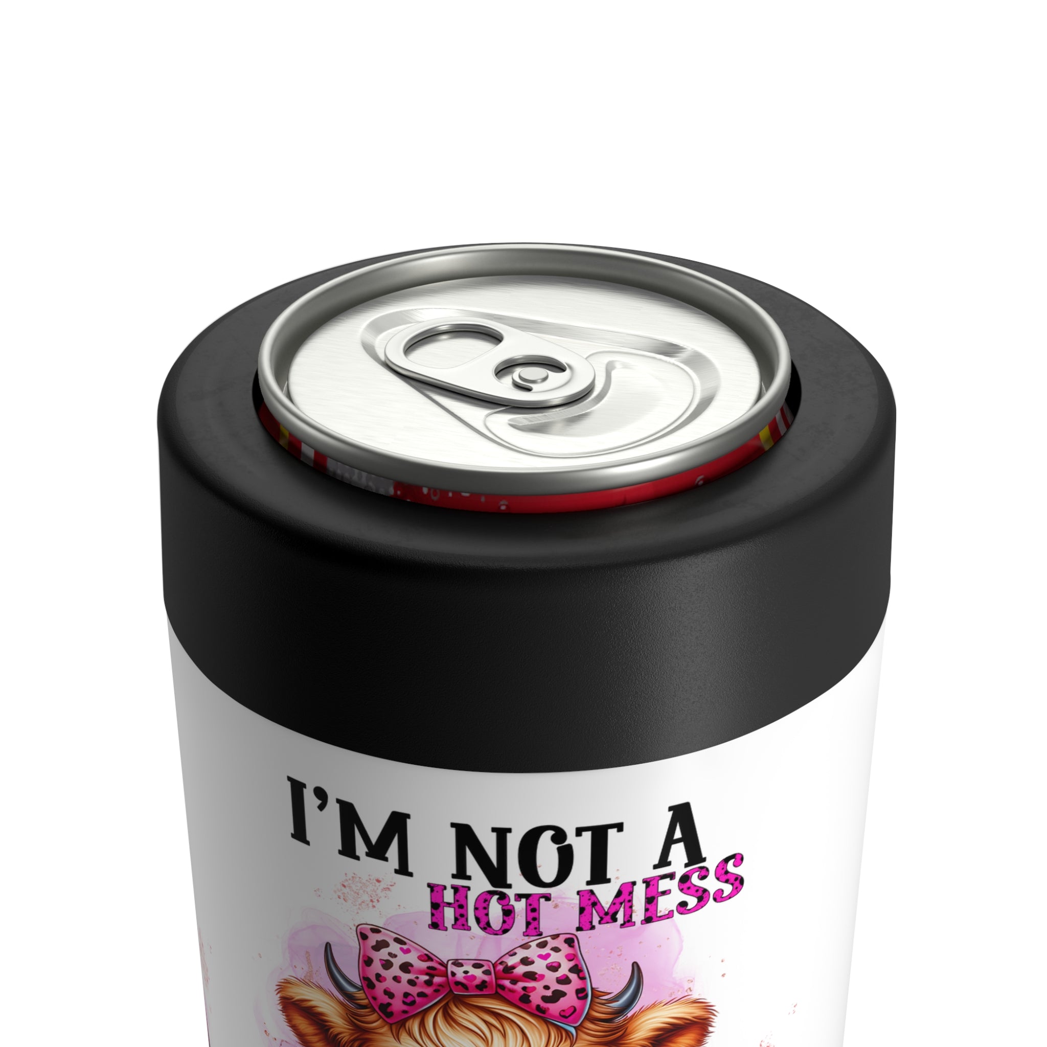 Funny 'I'm Not a Hot Mess, I'm a Spicy Disaster' Highland Cow 12oz Can Holder