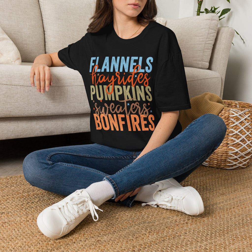 Fall Vibes T‑Shirt — “Flannels Hayrides Pumpkins” Autumn Graphic Tee