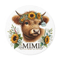 Sunflower Cow Mimi Round Vinyl Sticker | Floral Highland Cattle Decal