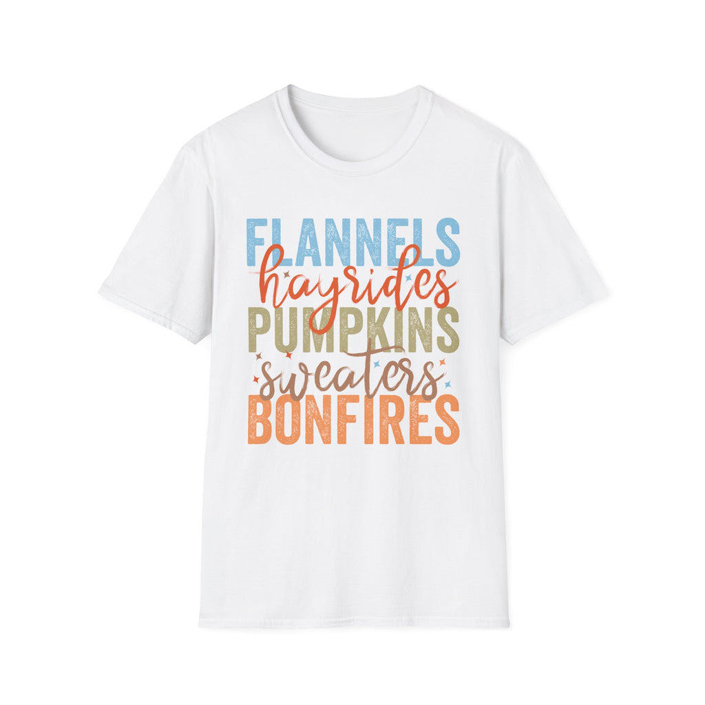 Fall Vibes T‑Shirt — “Flannels Hayrides Pumpkins” Autumn Graphic Tee