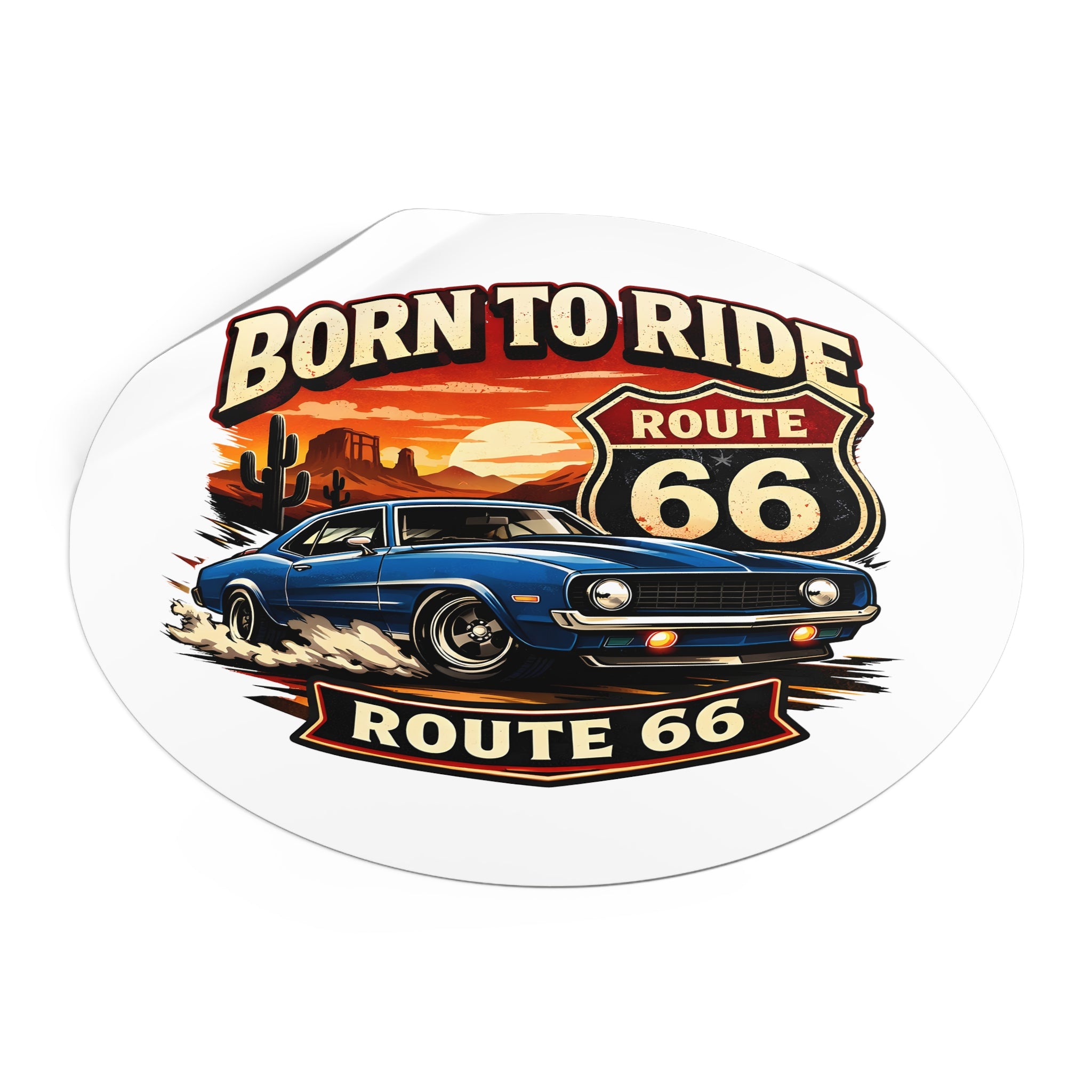 Born to Ride Route 66 Round Vinyl Sticker | Classic Muscle Car Decal