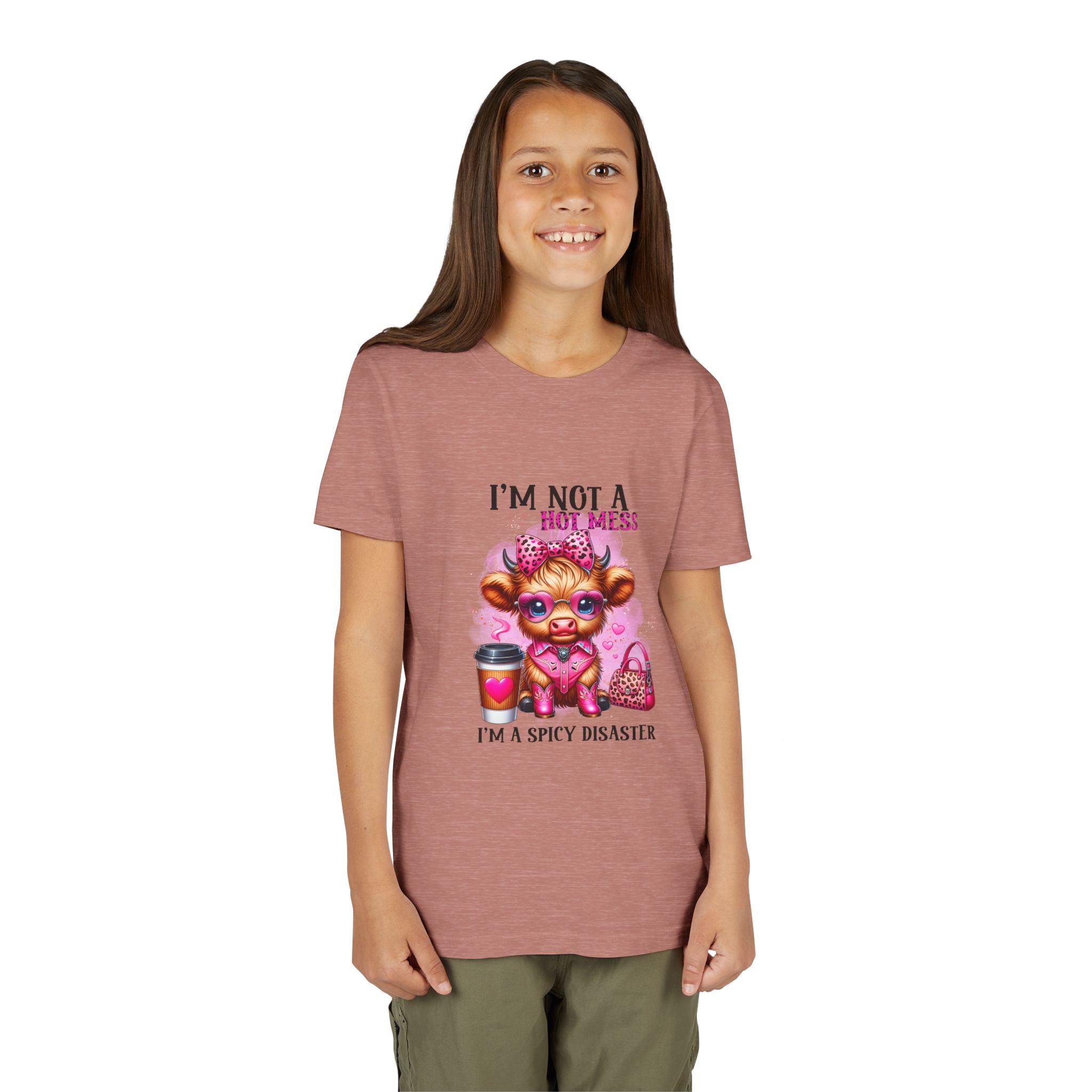 Youth Tee — "I'm Not A Hot Mess I'm A Spicy Disaster" Highland Cow