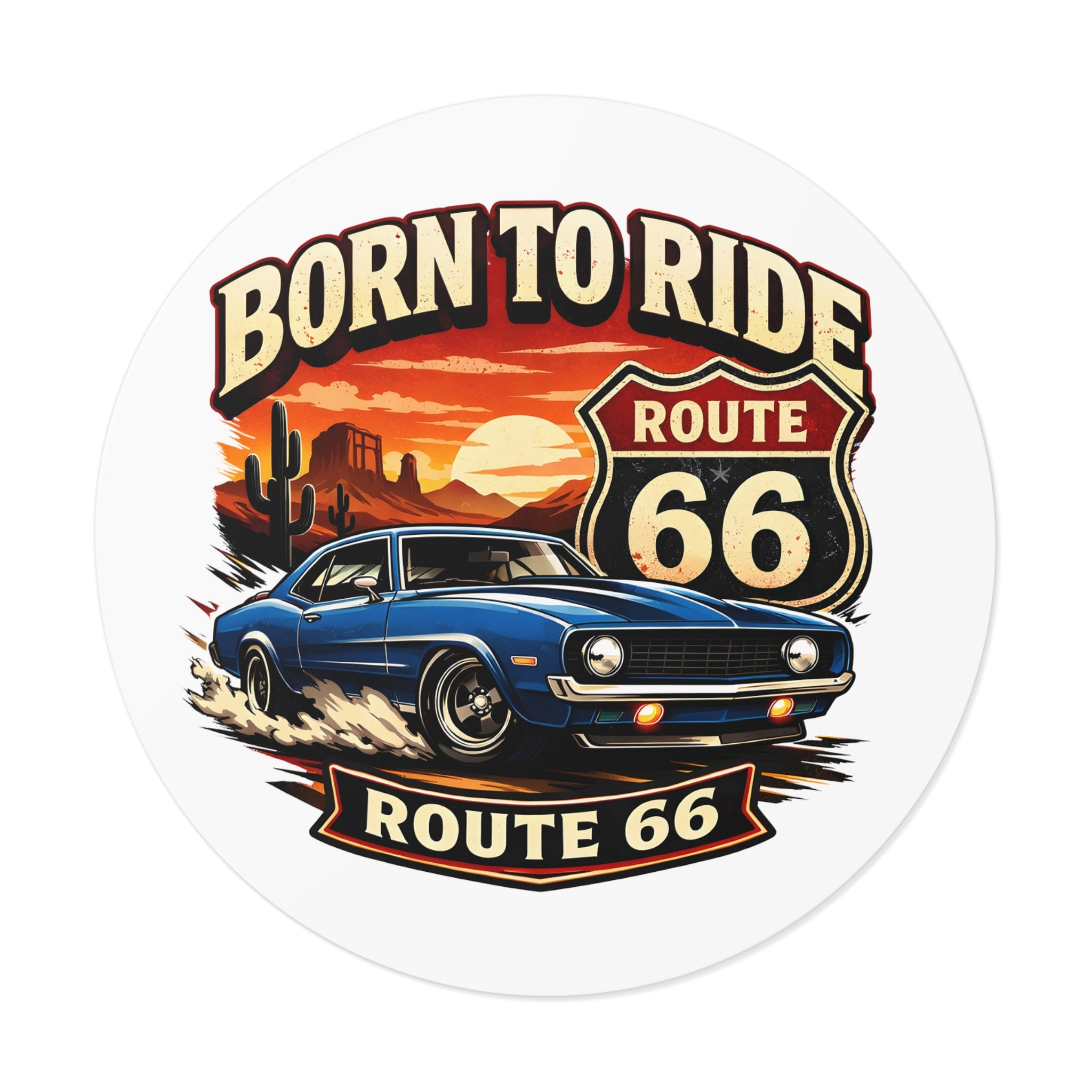 Born to Ride Route 66 Round Vinyl Sticker | Classic Muscle Car Decal