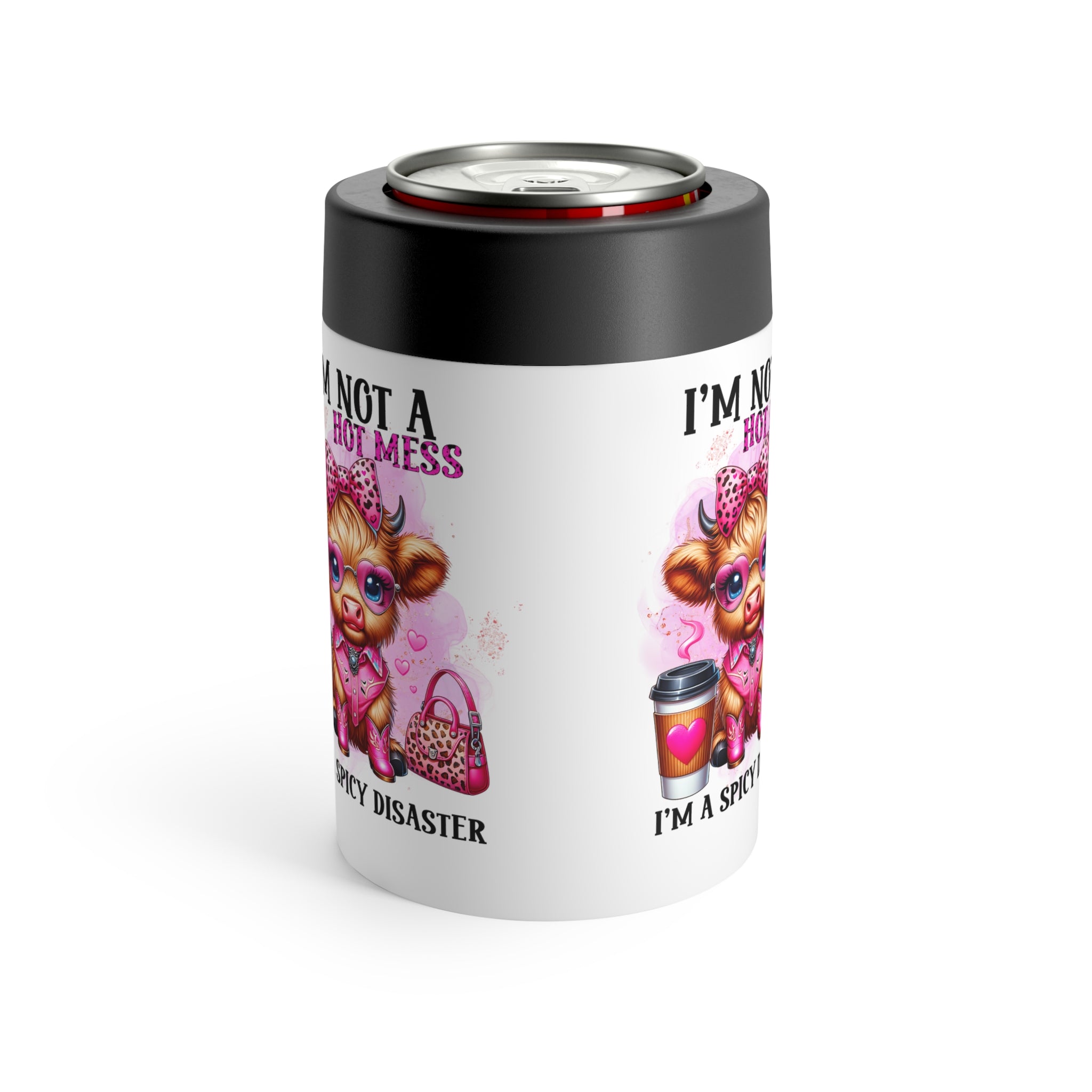 Funny 'I'm Not a Hot Mess, I'm a Spicy Disaster' Highland Cow 12oz Can Holder