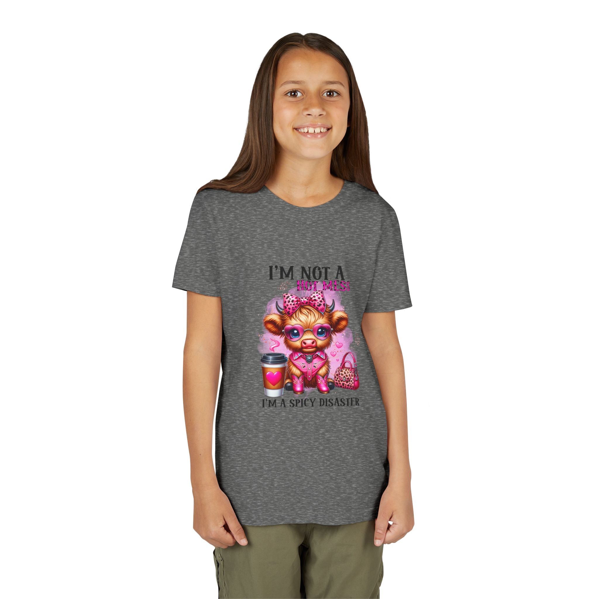 Youth Tee — "I'm Not A Hot Mess I'm A Spicy Disaster" Highland Cow