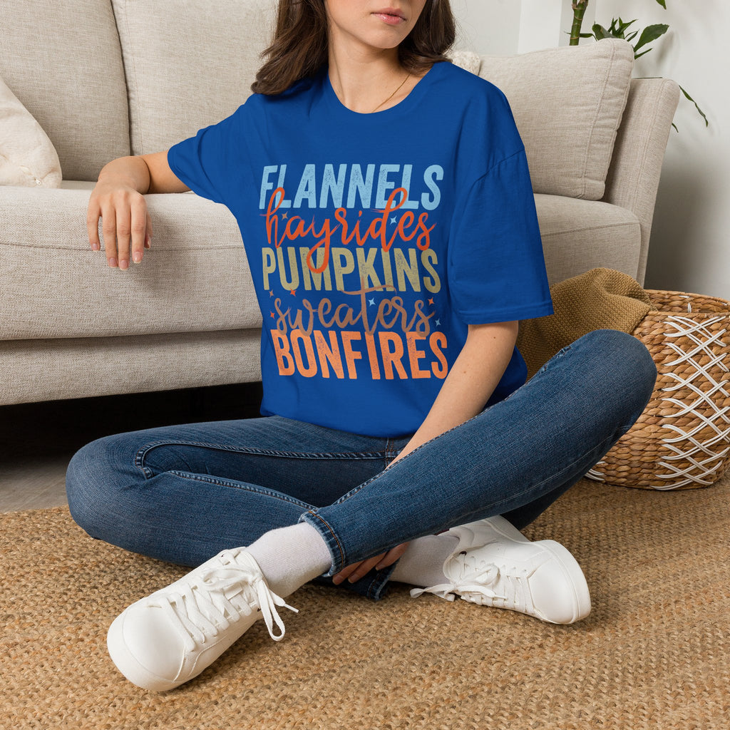 Fall Vibes T‑Shirt — “Flannels Hayrides Pumpkins” Autumn Graphic Tee