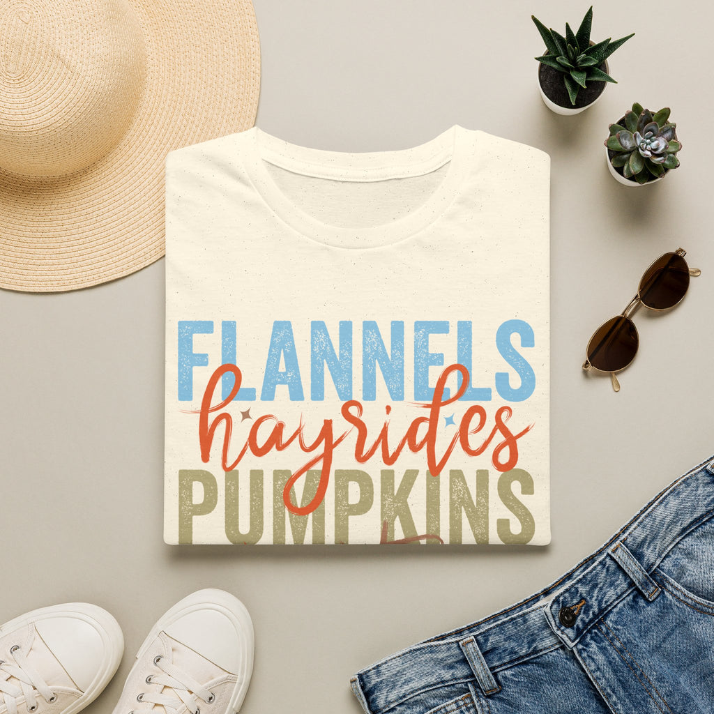 Fall Vibes T‑Shirt — “Flannels Hayrides Pumpkins” Autumn Graphic Tee
