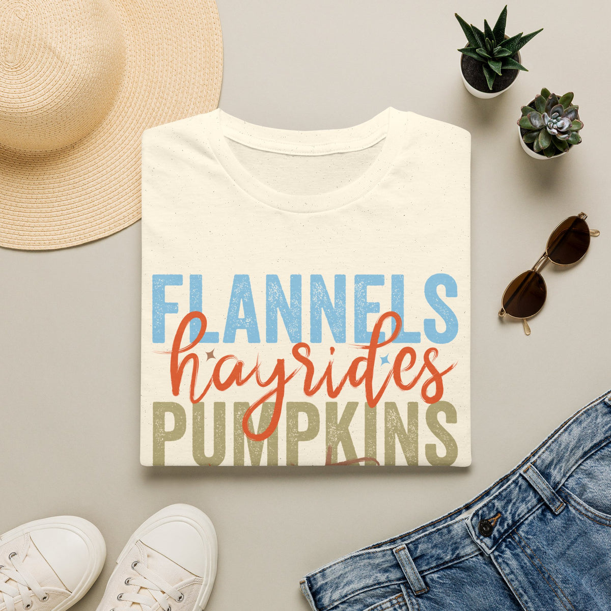 Fall Vibes T‑Shirt — “Flannels Hayrides Pumpkins” Autumn Graphic Tee