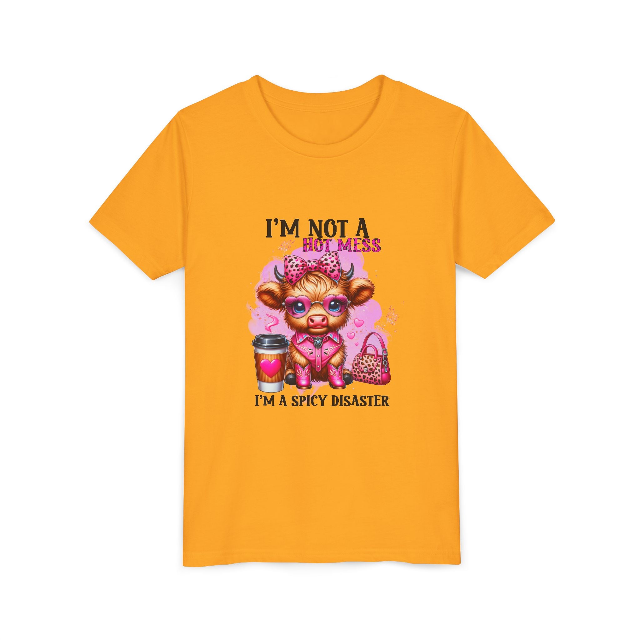 Youth Tee — "I'm Not A Hot Mess I'm A Spicy Disaster" Highland Cow