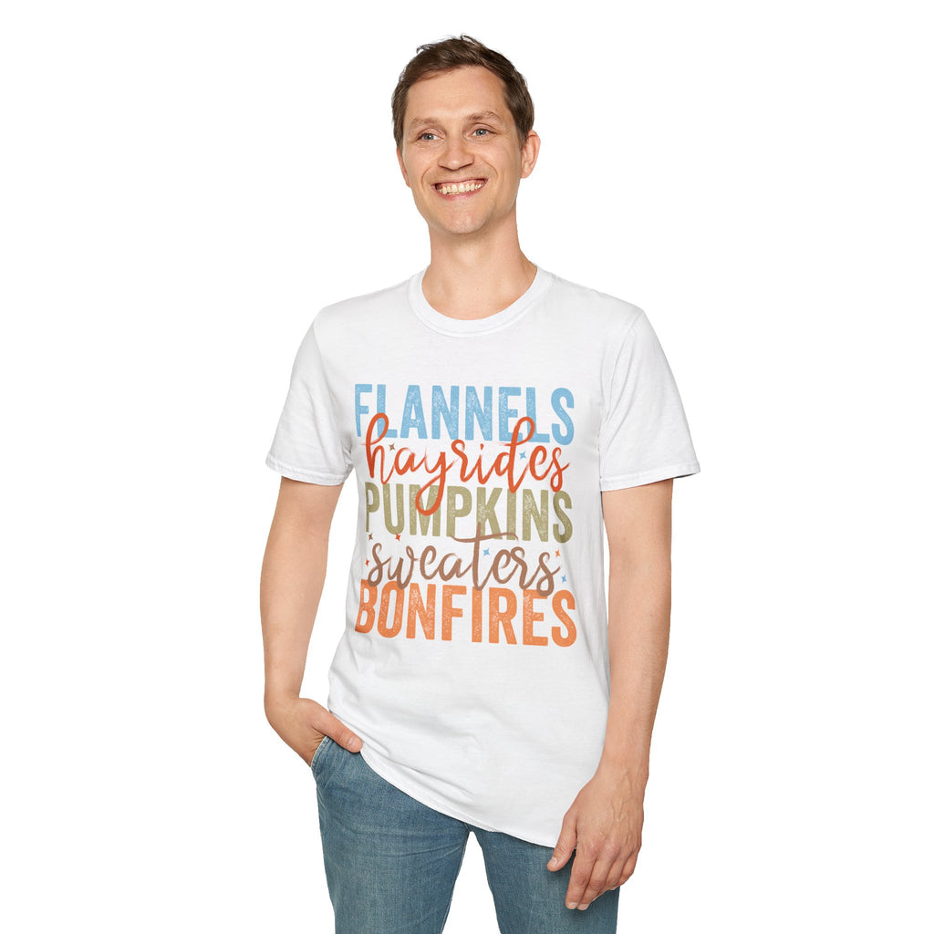 Fall Vibes T‑Shirt — “Flannels Hayrides Pumpkins” Autumn Graphic Tee
