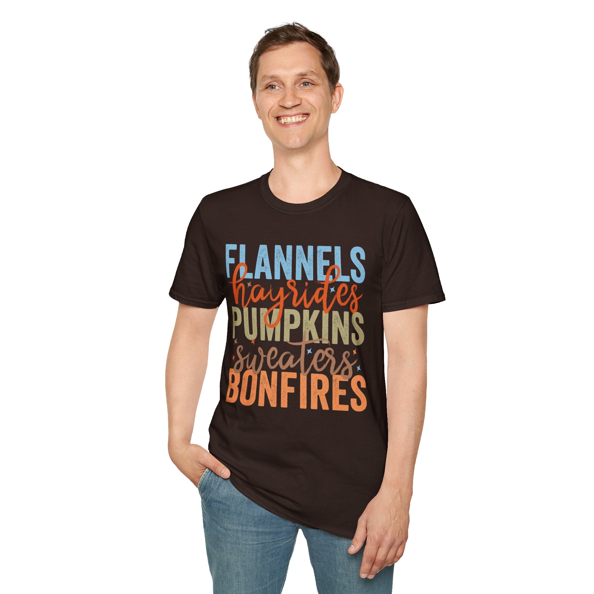 Fall Vibes T‑Shirt — “Flannels Hayrides Pumpkins” Autumn Graphic Tee