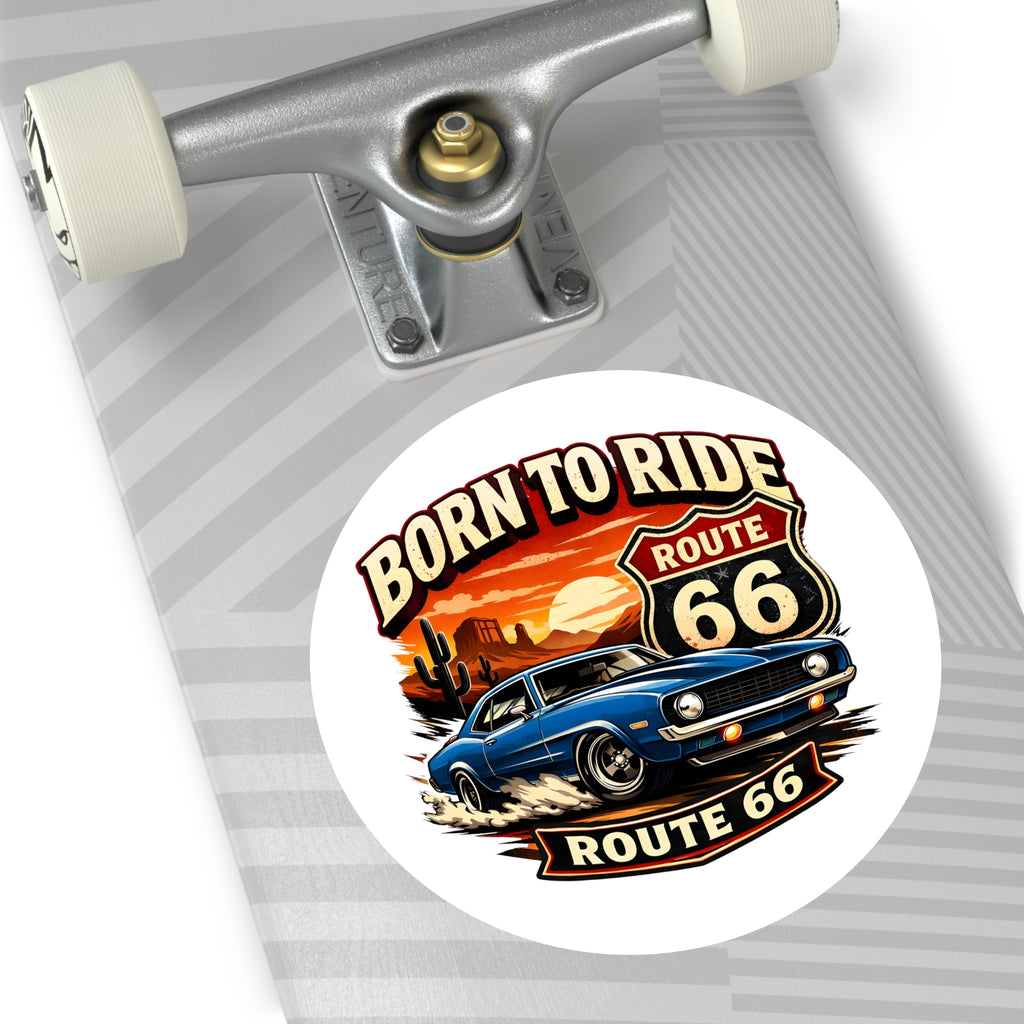 Born to Ride Route 66 Round Vinyl Sticker | Classic Muscle Car Decal