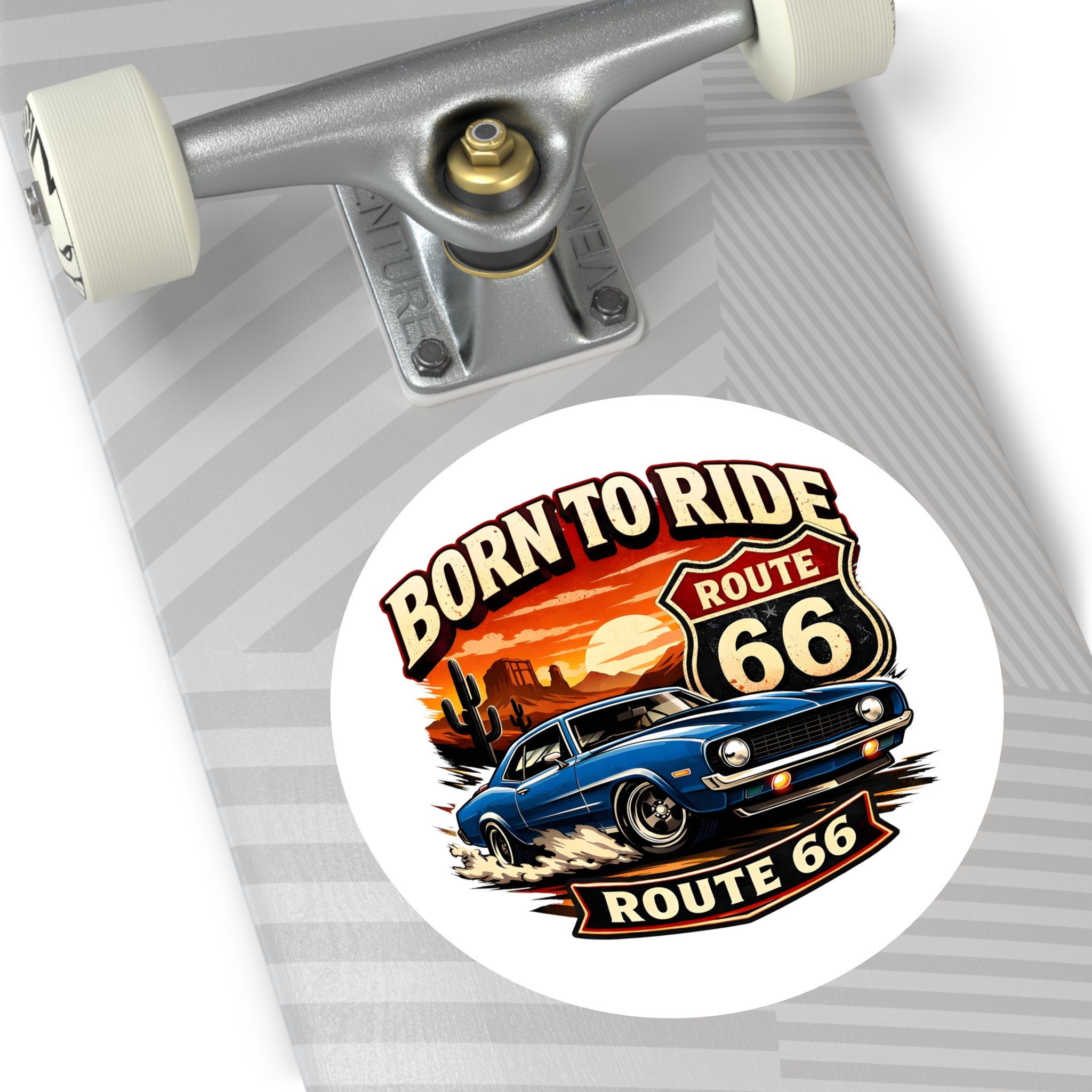 Born to Ride Route 66 Round Vinyl Sticker | Classic Muscle Car Decal