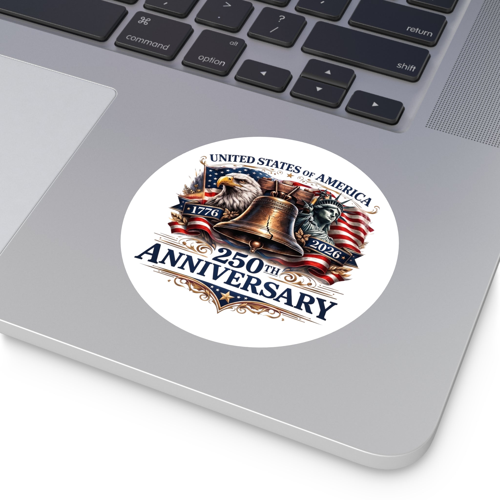 250th Anniversary Liberty Bell Round Vinyl Sticker | USA Patriotic Eagles Flag 1776-2026