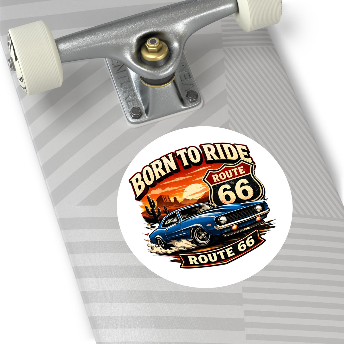 Born to Ride Route 66 Round Vinyl Sticker | Classic Muscle Car Decal