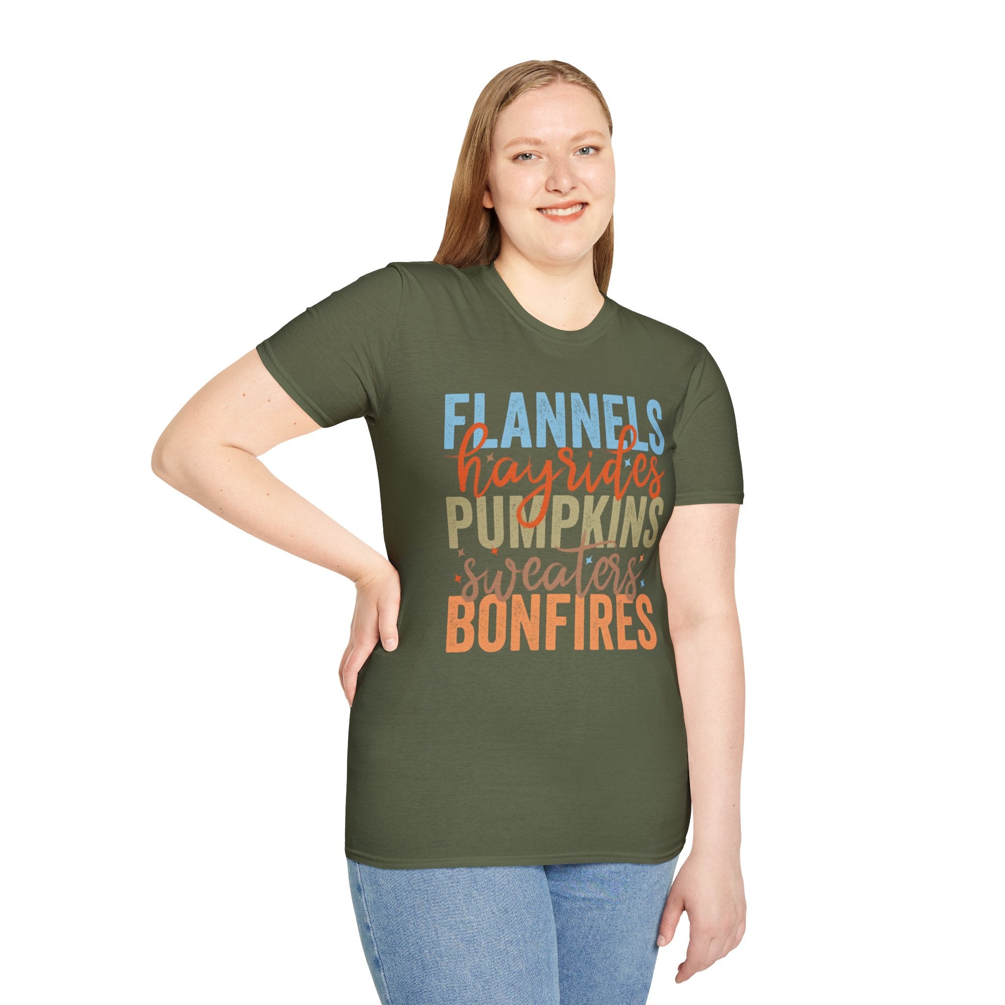 Fall Vibes T‑Shirt — “Flannels Hayrides Pumpkins” Autumn Graphic Tee