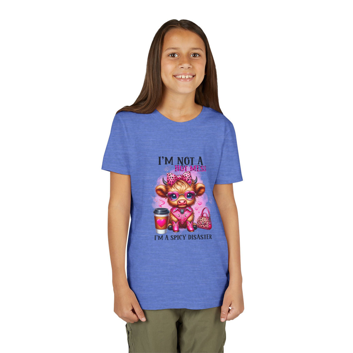 Youth Tee — "I'm Not A Hot Mess I'm A Spicy Disaster" Highland Cow