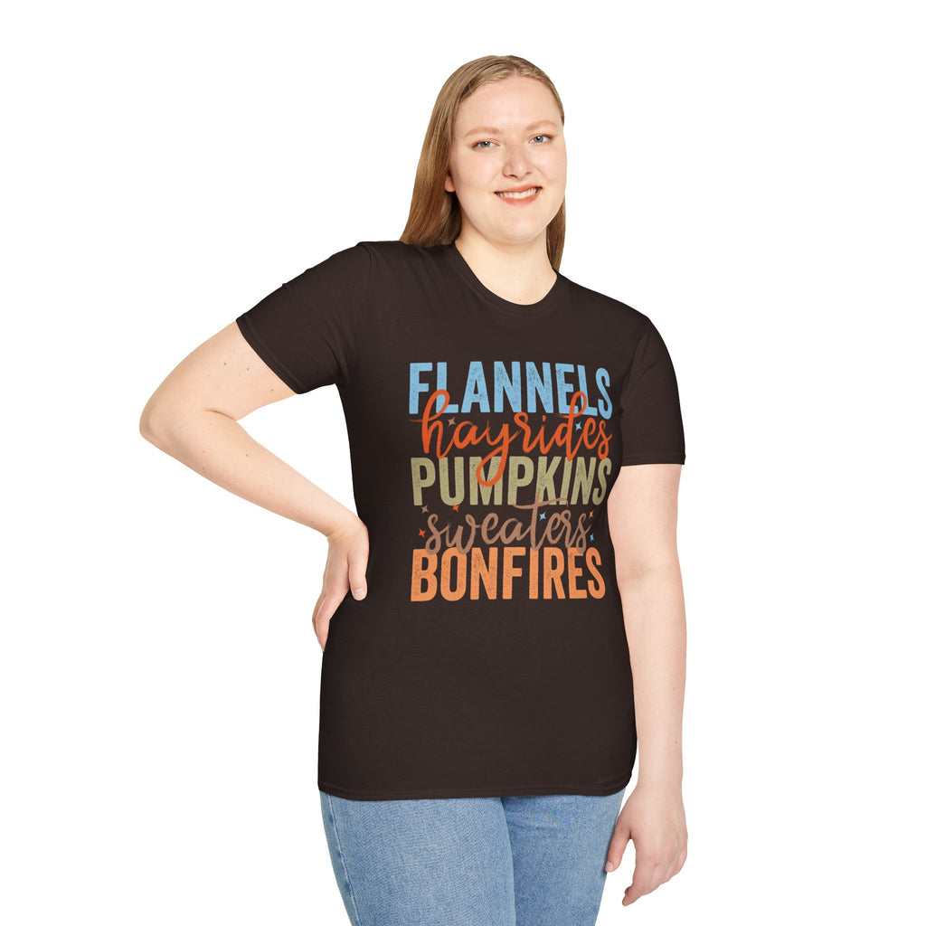 Fall Vibes T‑Shirt — “Flannels Hayrides Pumpkins” Autumn Graphic Tee
