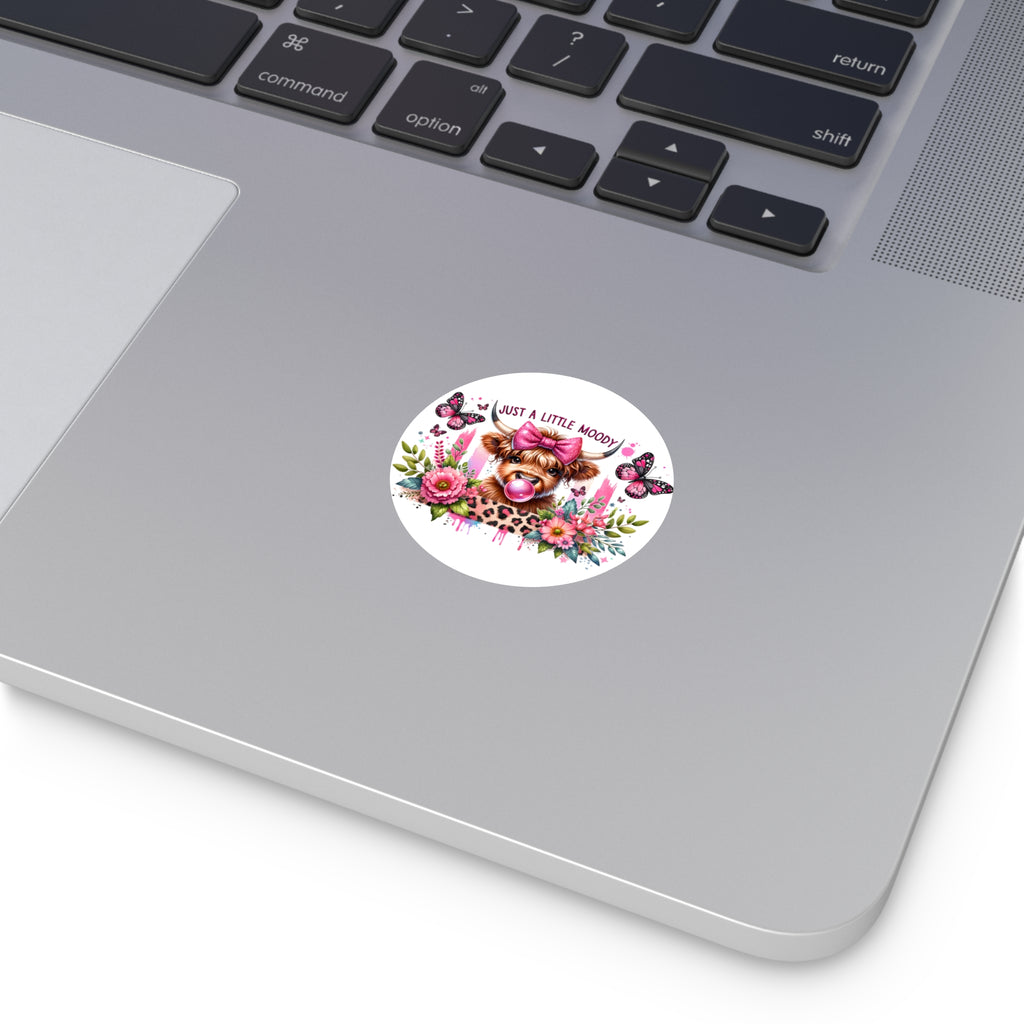 Just a Little Moody Cow Sticker | Round Vinyl Sticker, Floral Butterfly Design
