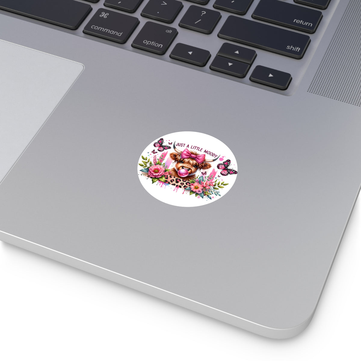 Just a Little Moody Cow Sticker | Round Vinyl Sticker, Floral Butterfly Design