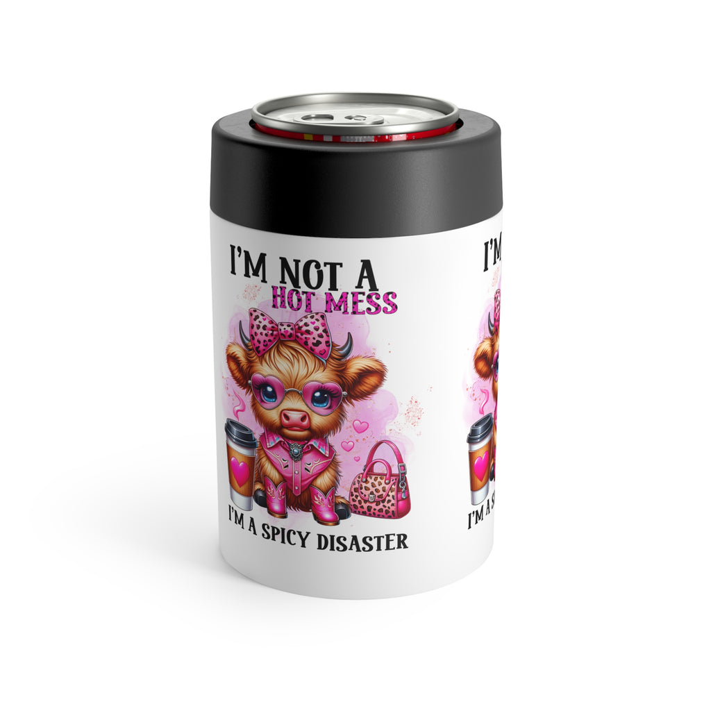 Funny 'I'm Not a Hot Mess, I'm a Spicy Disaster' Highland Cow 12oz Can Holder
