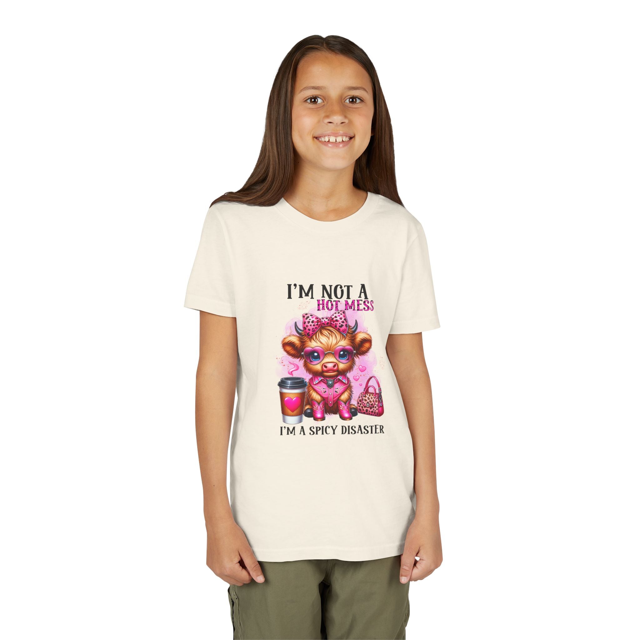 Youth Tee — "I'm Not A Hot Mess I'm A Spicy Disaster" Highland Cow