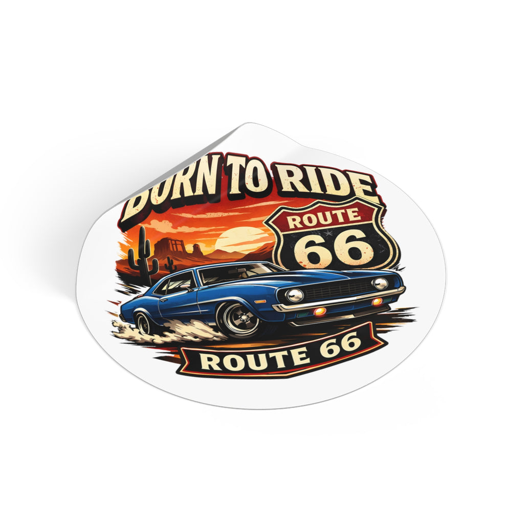 Born to Ride Route 66 Round Vinyl Sticker | Classic Muscle Car Decal