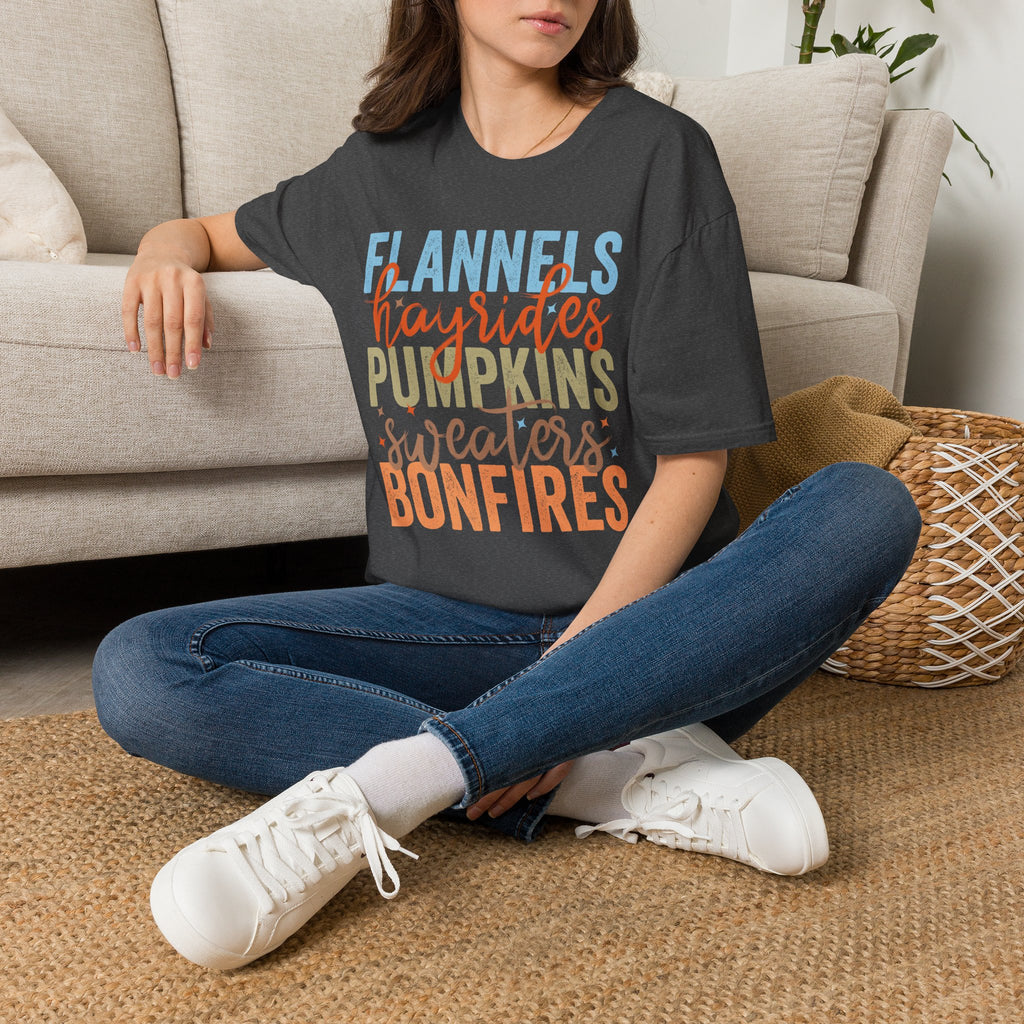Fall Vibes T‑Shirt — “Flannels Hayrides Pumpkins” Autumn Graphic Tee