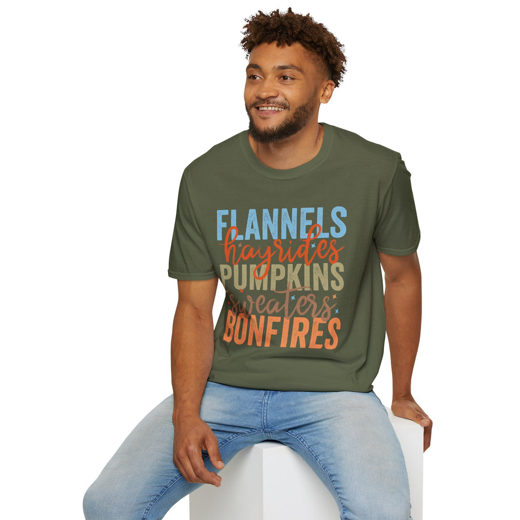 Fall Vibes T‑Shirt — “Flannels Hayrides Pumpkins” Autumn Graphic Tee