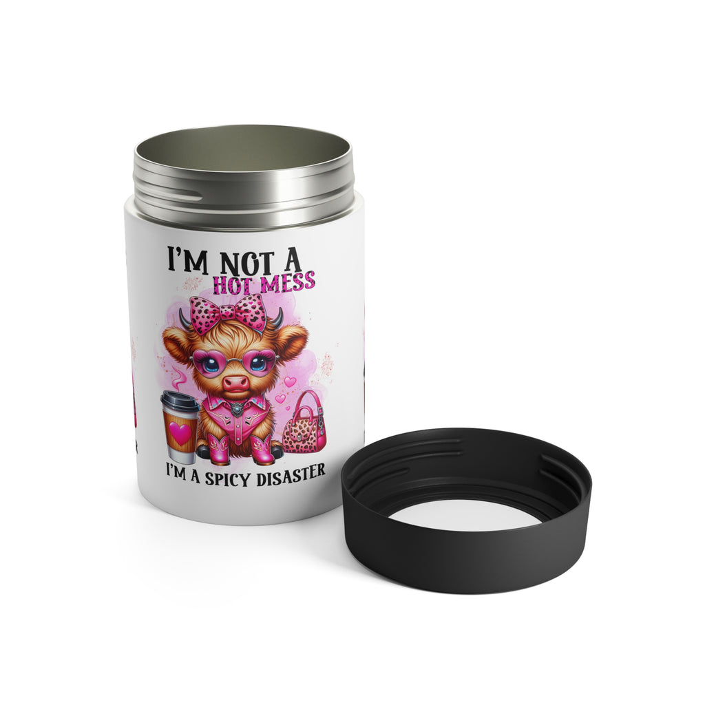 Funny 'I'm Not a Hot Mess, I'm a Spicy Disaster' Highland Cow 12oz Can Holder