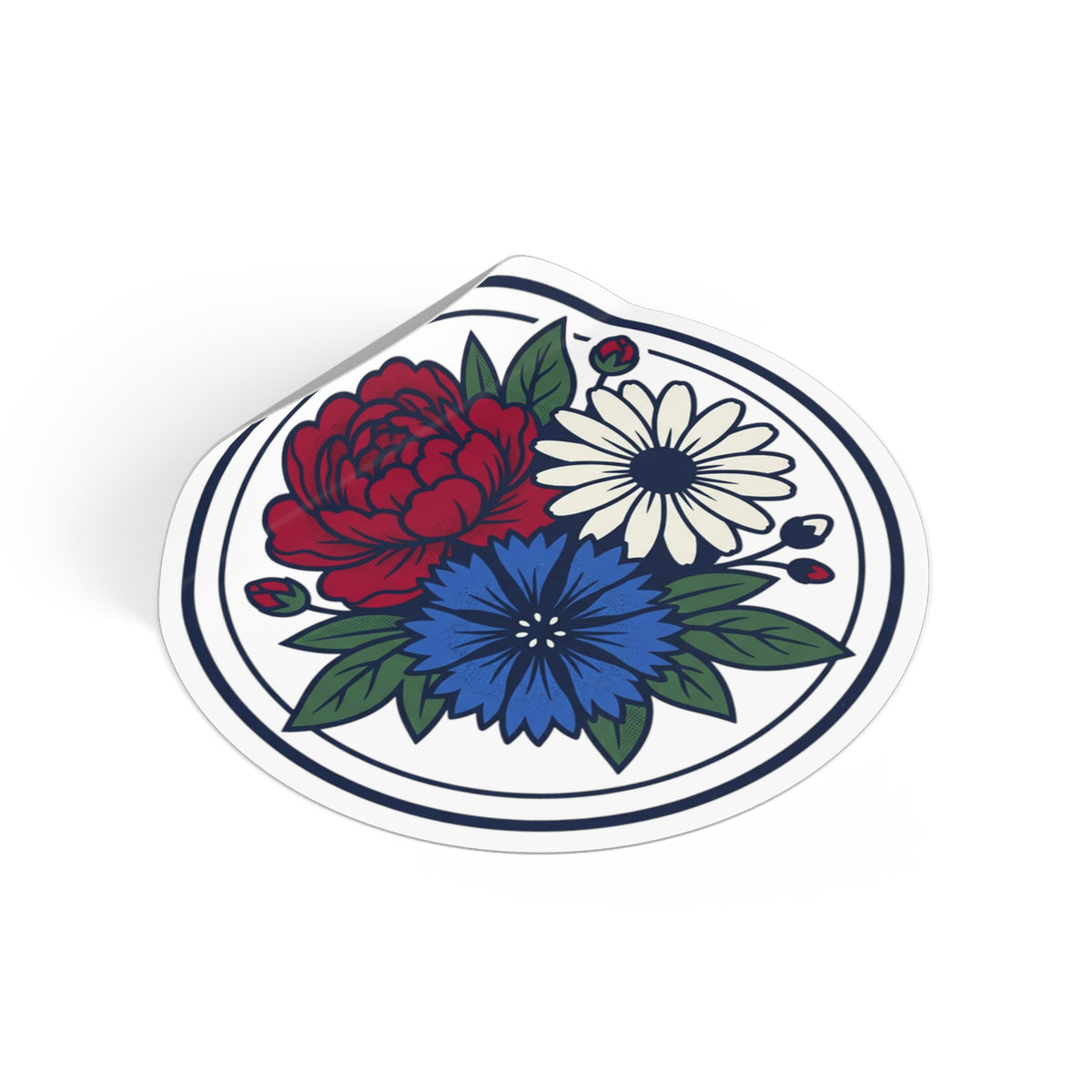 Red Peony White Daisy Blue Cornflower Round Vinyl Sticker | Floral Bouquet