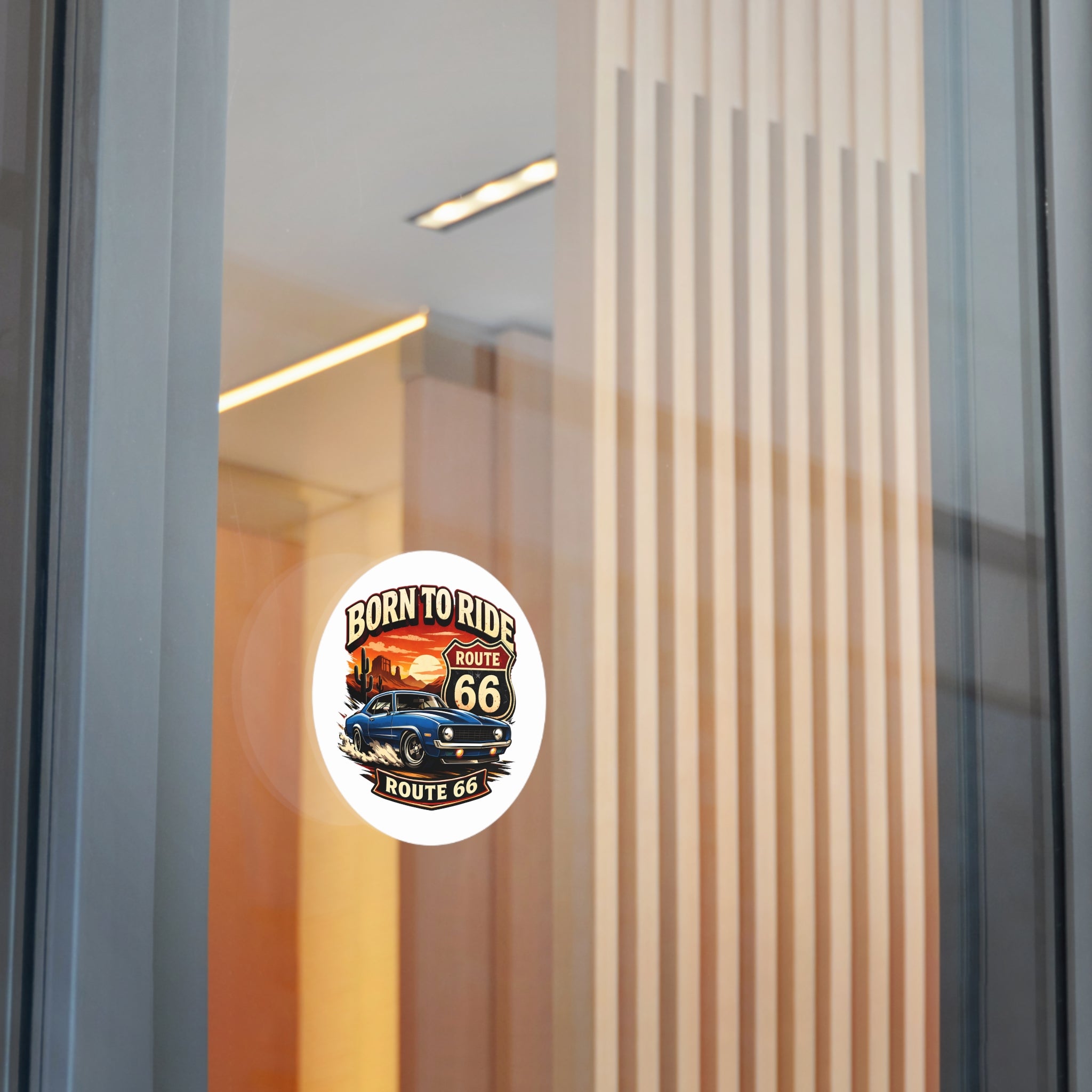 Born to Ride Route 66 Round Vinyl Sticker | Classic Muscle Car Decal