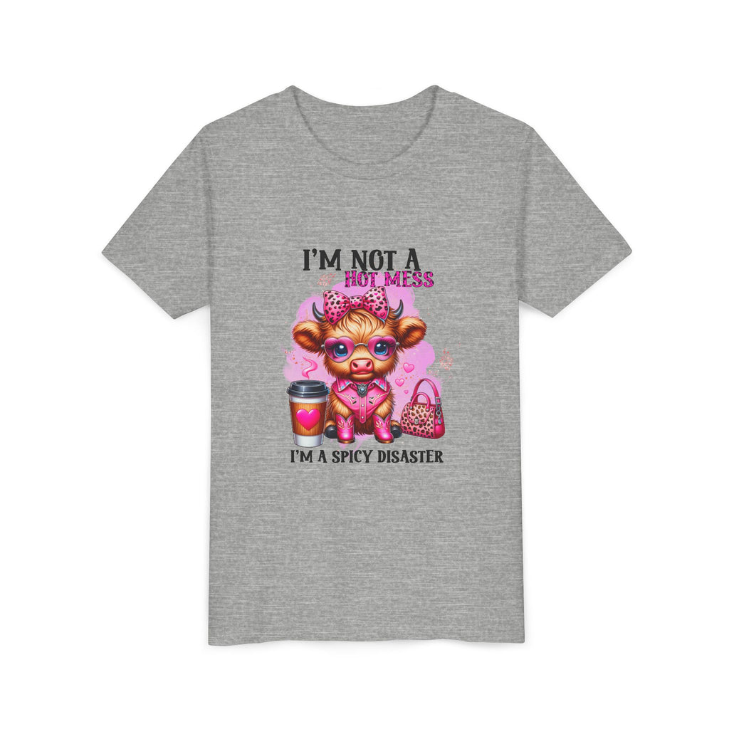 Youth Tee — "I'm Not A Hot Mess I'm A Spicy Disaster" Highland Cow