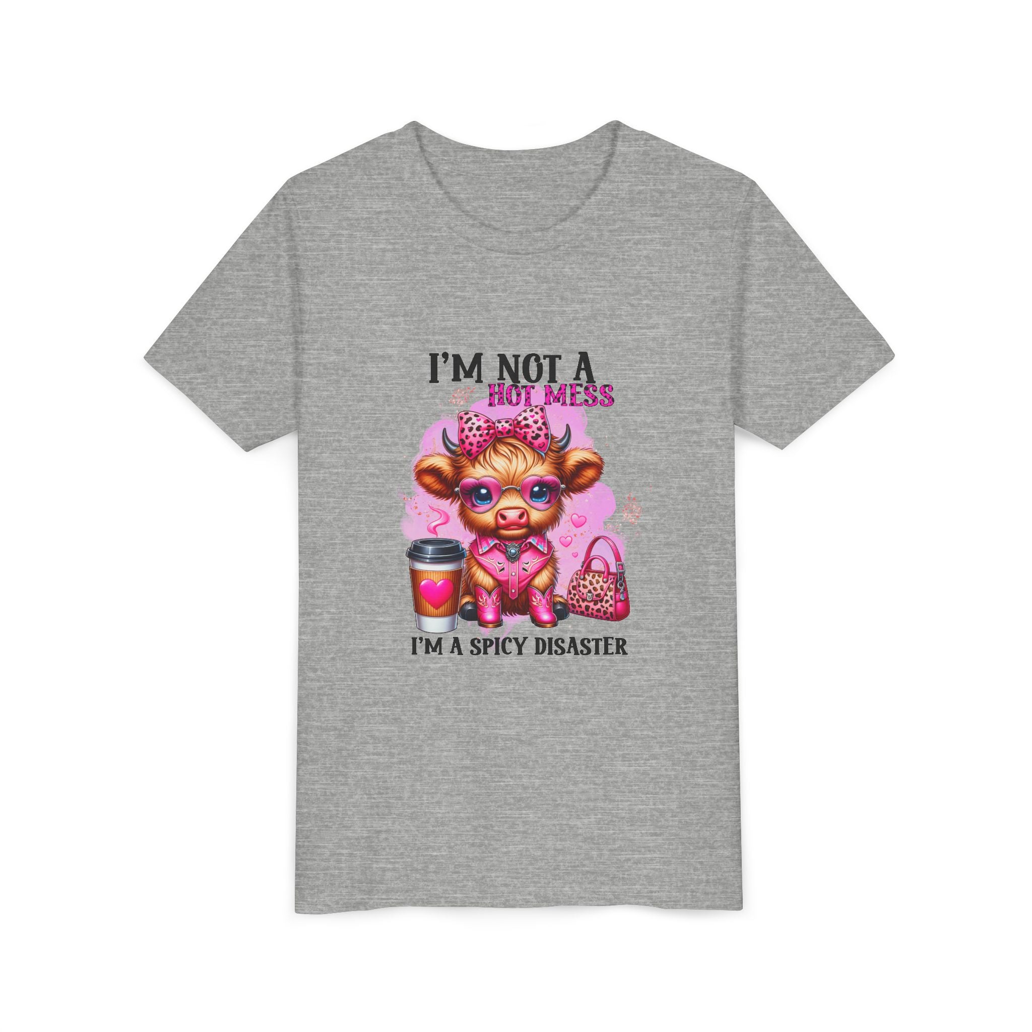 Youth Tee — "I'm Not A Hot Mess I'm A Spicy Disaster" Highland Cow