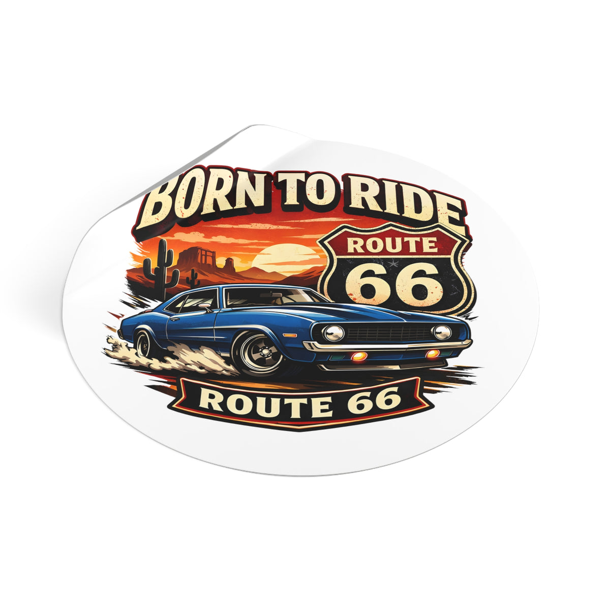 Born to Ride Route 66 Round Vinyl Sticker | Classic Muscle Car Decal
