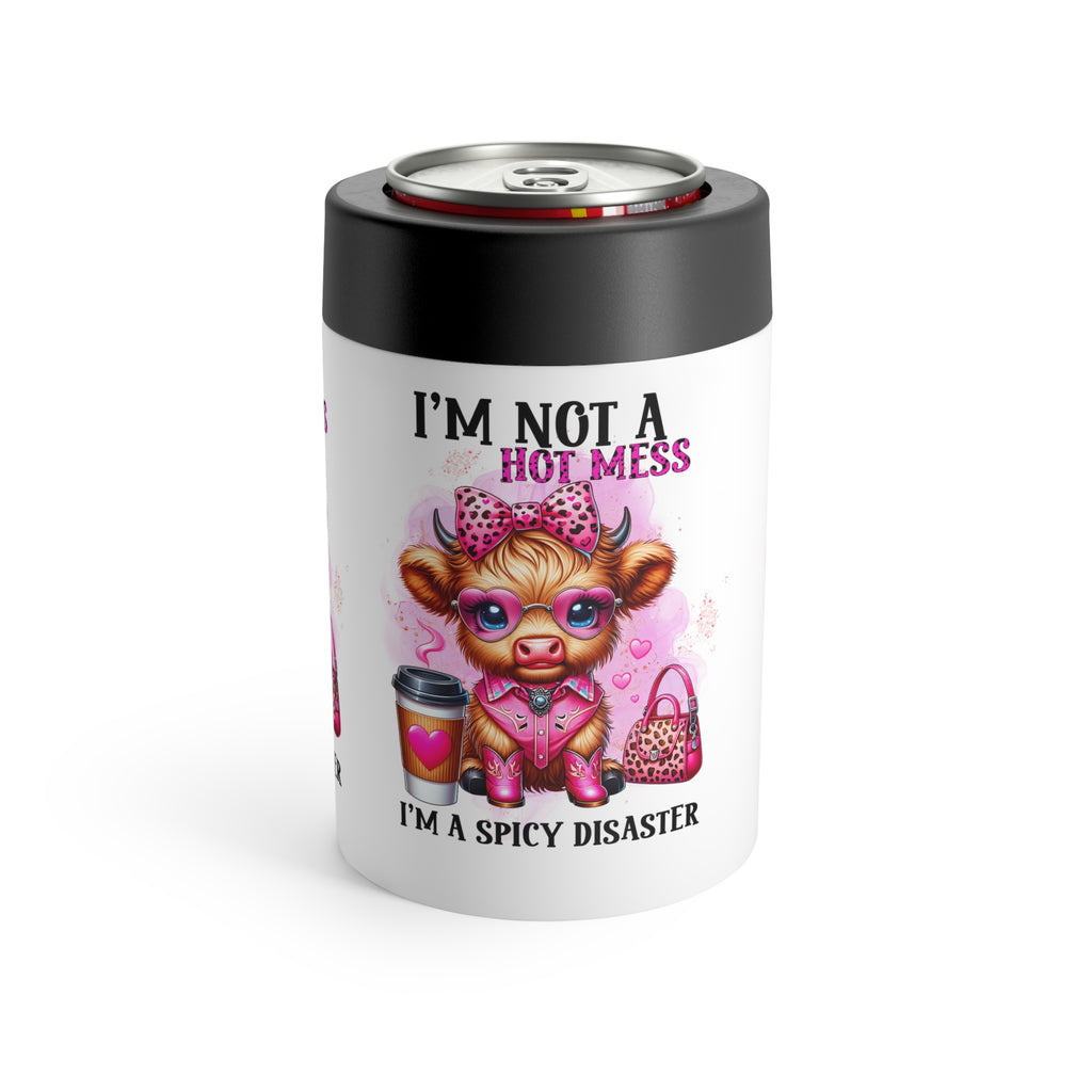 Funny 'I'm Not a Hot Mess, I'm a Spicy Disaster' Highland Cow 12oz Can Holder
