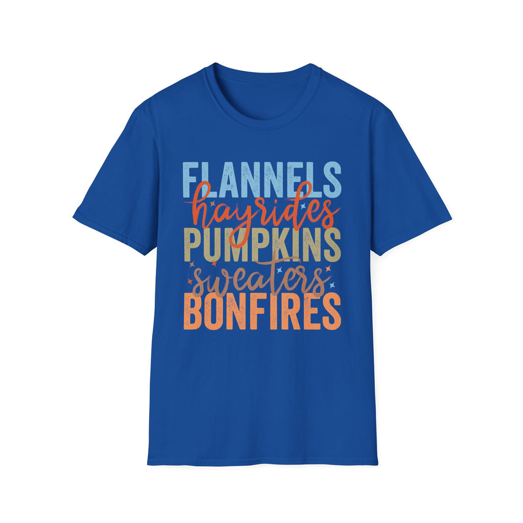 Fall Vibes T‑Shirt — “Flannels Hayrides Pumpkins” Autumn Graphic Tee