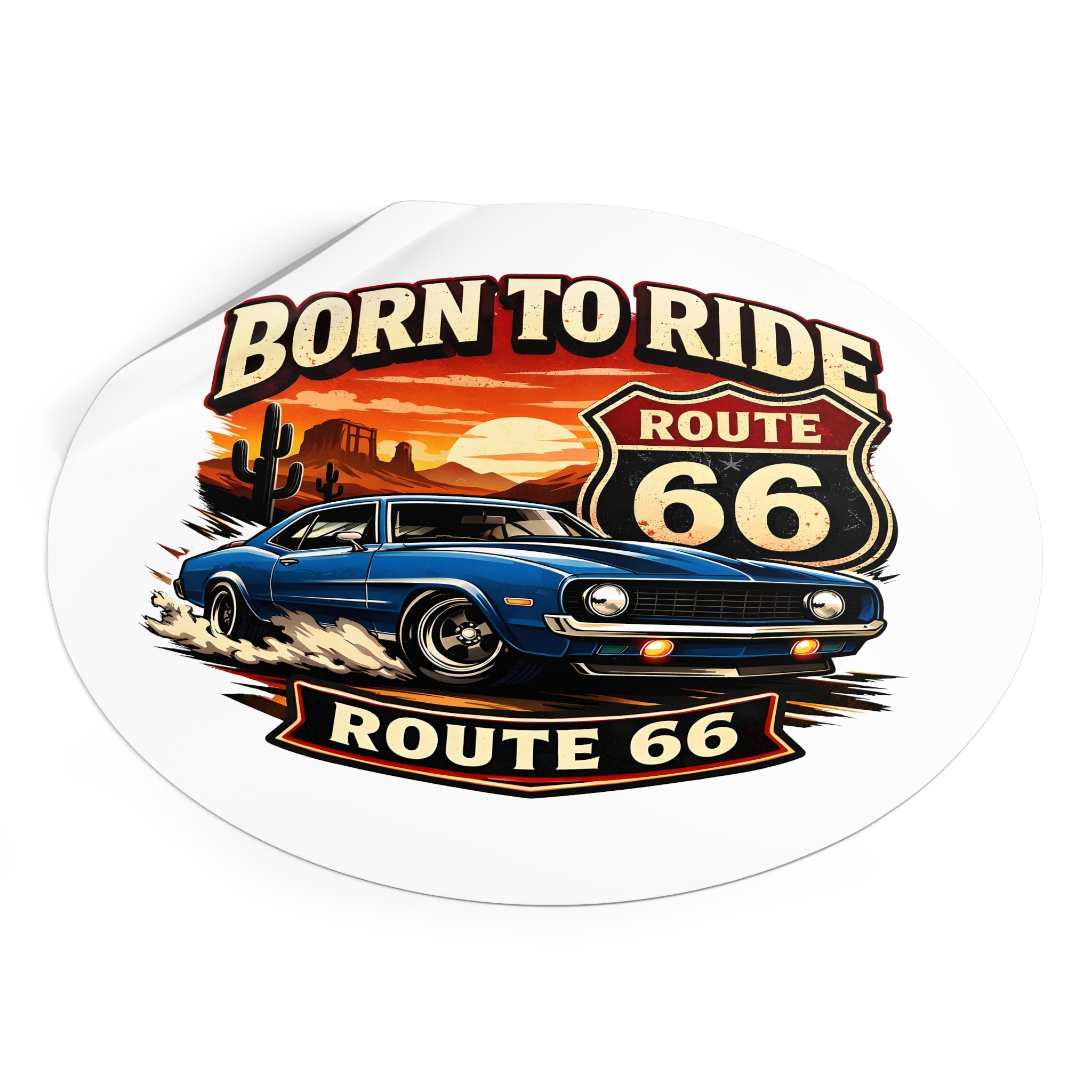 Born to Ride Route 66 Round Vinyl Sticker | Classic Muscle Car Decal
